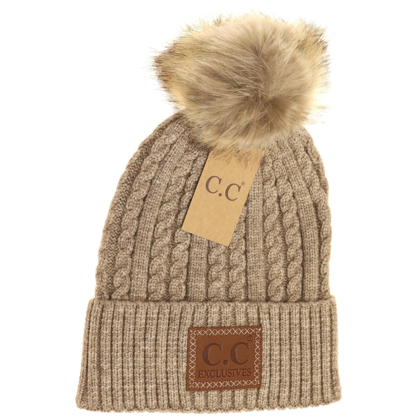 C.C. Double Braided Knit Fur Pom Beanie