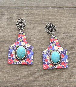 Turquoise and Floral Cowtag Earrings