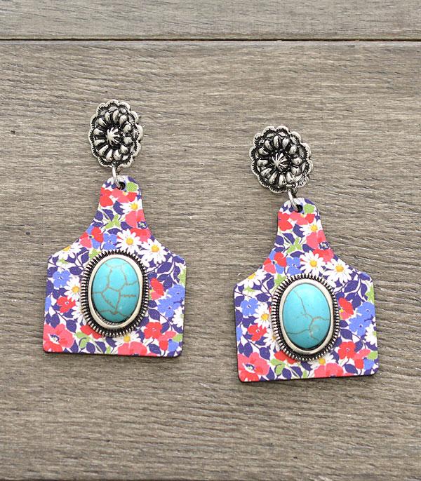 Turquoise and Floral Cowtag Earrings