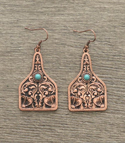Copper Metal Cow Tag Earrings