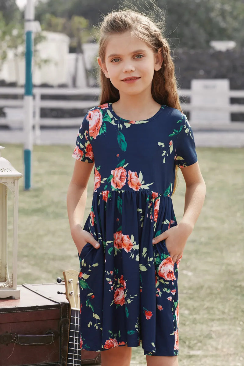 Girls Blue Short Sleeve Pocketed Children's Floral Dress