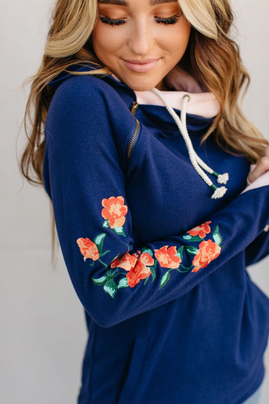 Ampersand Double Hoodie Navy with Coral Floral Embroidery