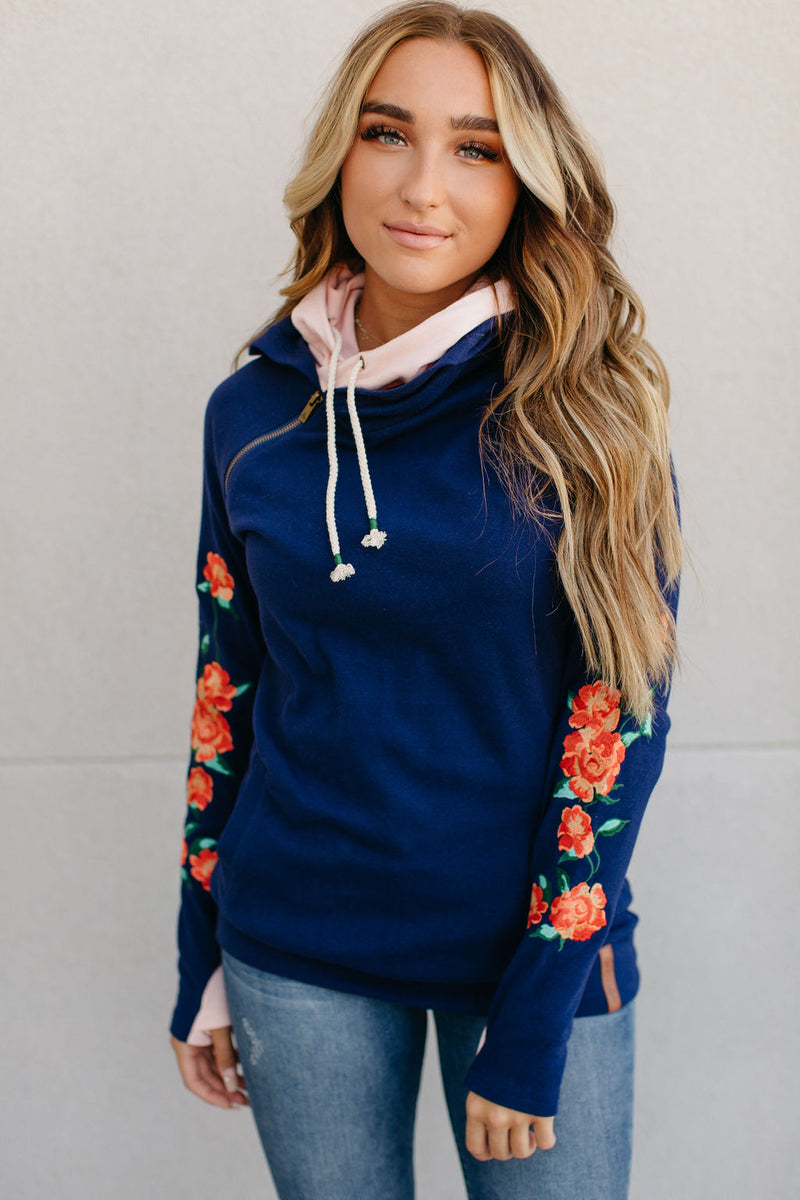 Ampersand Double Hoodie Navy with Coral Floral Embroidery