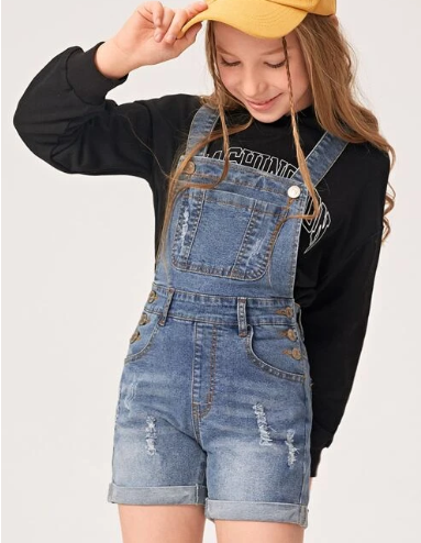 Girls 1pc Ripped Roll Up Hem Denim Overall Romper