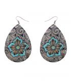 Grey with Turquoise Flower Leather Earrings